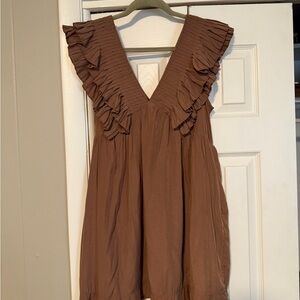 Women’s Brown Ruffled V-Neck Dress